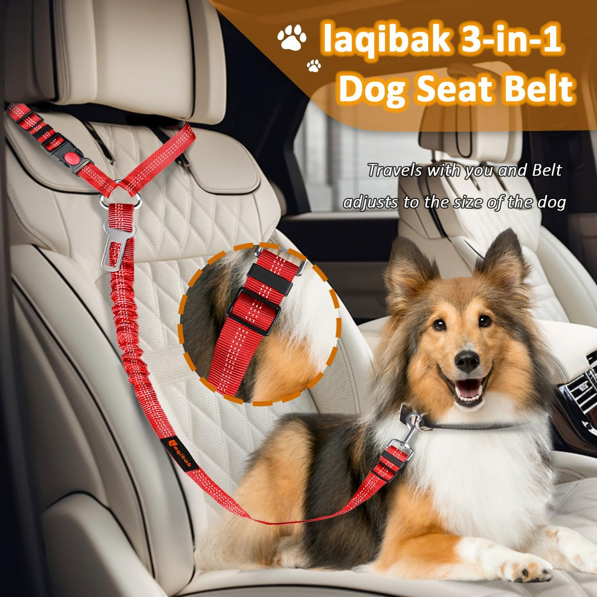 Removable Dog Seat Belt Harness for Car, 3 in 1 Pet Dog Car Seatbelt Leash, Retractable Restraint Secures to Vehicle Headrest & Adjustable Reflective Bungee Dog Seatbelt Tether, Red