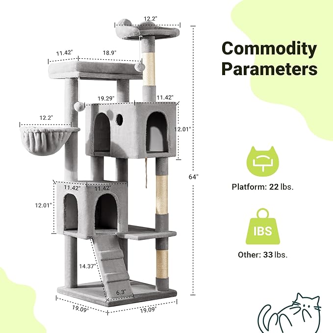 Allewie 64 Inches Cat Tree Tower/Multi-Level Activity Center for Indoor Big Felines/2 Plush Condos/2 Perchs/Basket/House/Sisal Scratching Posts/Hanging Cat Toys/Grey