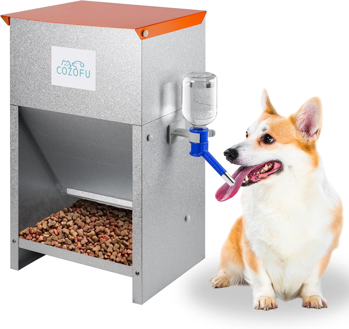 Automatic Gravity-Fed Dog Feeder with Water Bowl - Galvanized Steel Indoor/Outdoor Pet Food Station - 25lb Heavy-Duty Kibble Dispenser for All Dog Sizes