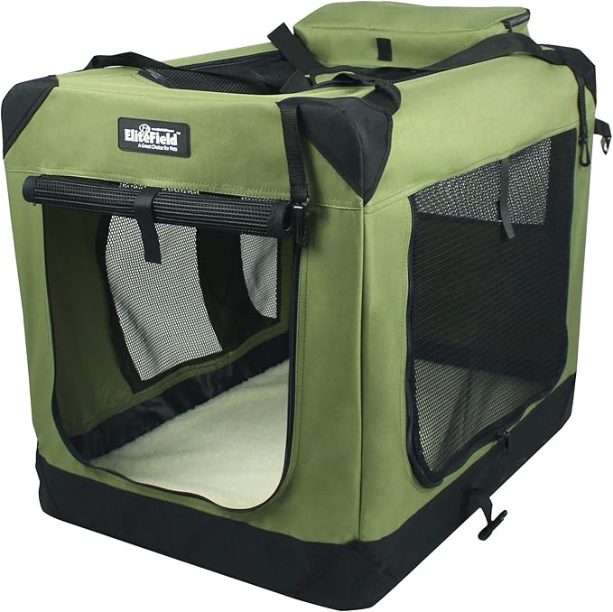 EliteField 3-Door Folding Soft Dog Crate with Carrying Bag and Fleece Bed (2 Year Warranty), Indoor & Outdoor Pet Home (42" L x 28" W x 32" H, Sage Green)