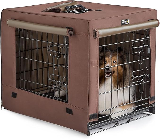 DONORO Dog Crates for Small Size Dogs Indoor Double Door Dog Kennels & Houses for Puppy and Cats, Collapsible Metal Contour Dog Cages (Brown, 24.0" L x 18.0" W x 20.0" H)