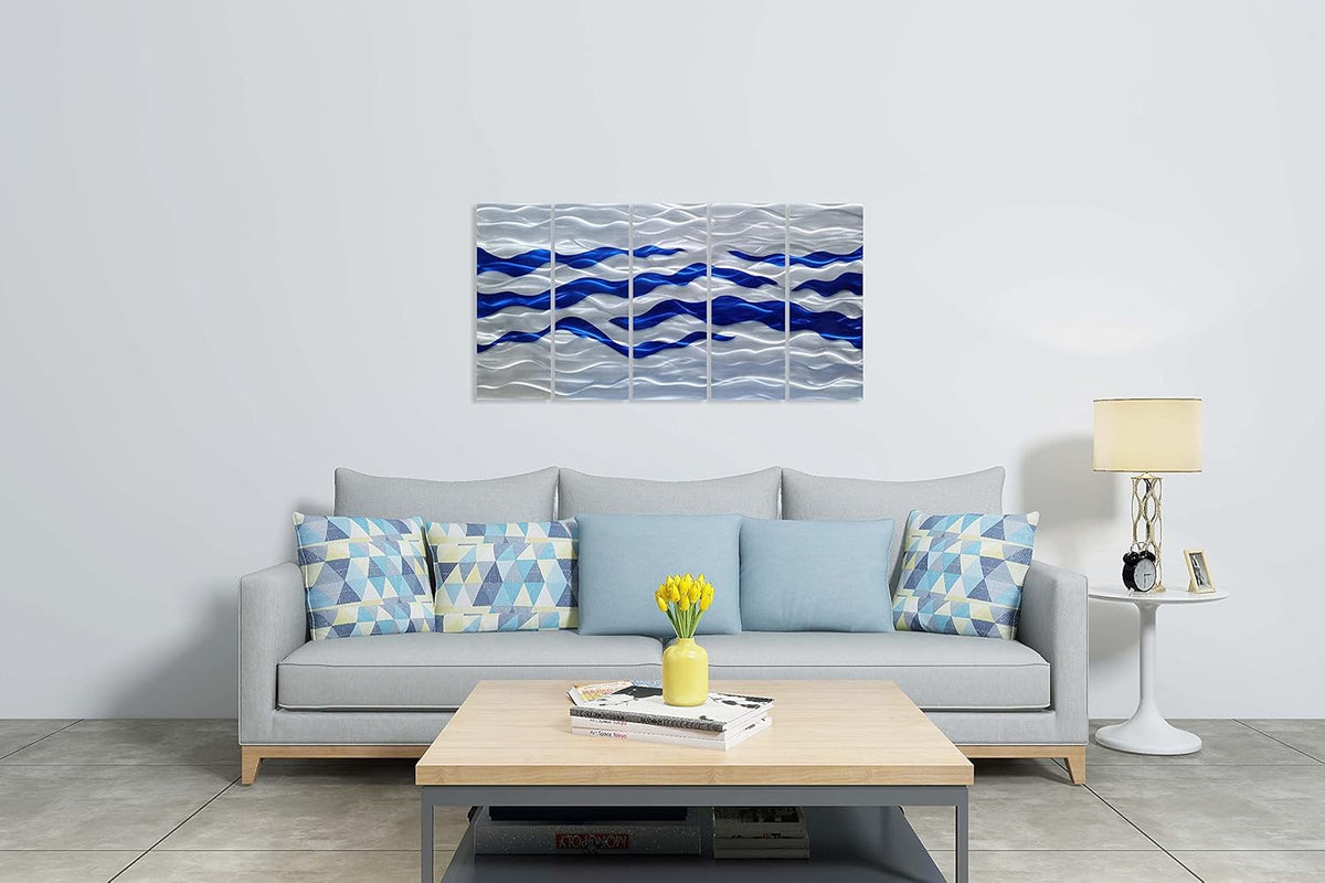 SYGALLERIER Abstract Coastal Metal Wall Art Handcrafted Big 3D Blue and Silver Artwork Modern Sea Waves Pictures Contemporary Sculpture for Living Room Bedroom Bathroom Decor