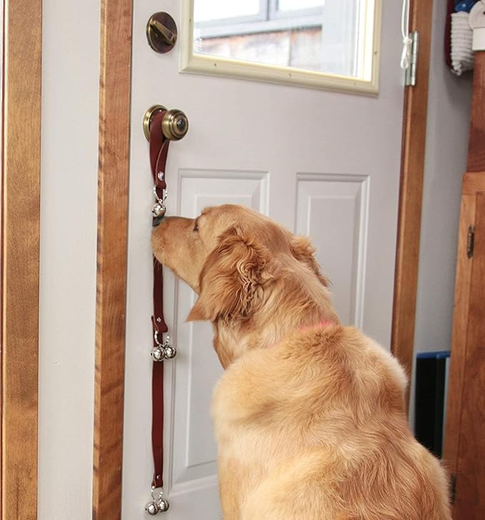 Leather Dog Doorbells for Door Knob/Potty Training/Go Outside, Length Adjustment Copper Dog Bell, Housetraining Hanging Bell, Brown Leather Silver Bells.