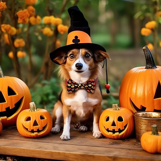 Hillban 50 Pieces Halloween Collar Dog Bow Ties Accessories for Dogs Bow Ties Attachment with Elastic Bands Dog Collar Detachable Charms for Halloween Dogs Collar Accessories