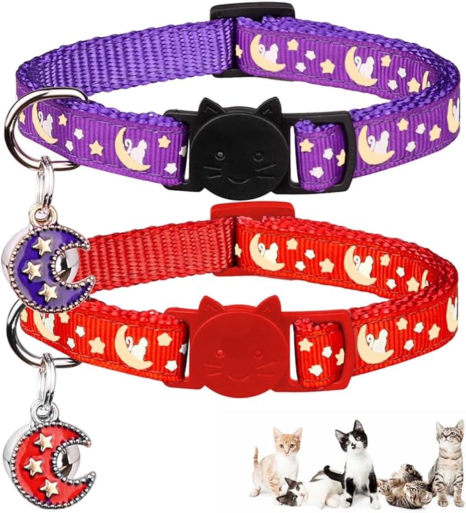 2Pcs Breakaway Cats Collars Cat Collars for Boy & Girl Cats Adjustable Kitten Collars with Bell,Purple+Scarlet,8"-13.1"