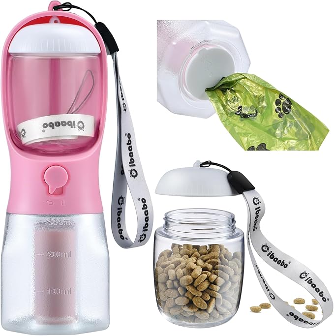 Dog Water Bottle with Food Container & Poop Bag Holder, Travel Water Bowl, Portable Pet Dispenser, Girl Dog Accessories Stuff Items Essentials Gift for Yorkie Chihuahua Walking Hiking