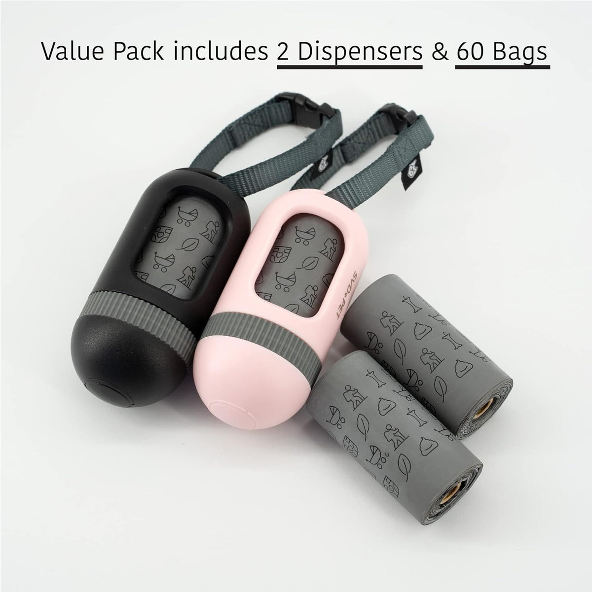 SVD.PET [2-Pack] Retractable Waste Bag Dispensers Gift Set, 2 Pet Waste Bag Holders with 60 large Waste Bags, Dog Walking Accessory Gift Value Pack (Black & Primrose Pink)