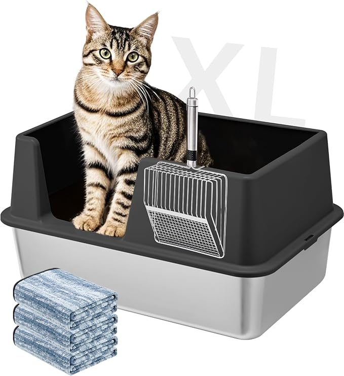 Stainless Steel Litter Box with Lid, 23.5" L x 15.8" W x 12.6" H, XL Metal Cat Box for Big Cats, High Sided Kitty Litter Box with Scoop & Pee Pads, Non-Sticky, Anti-Leakage, Easy to Clean (Black)