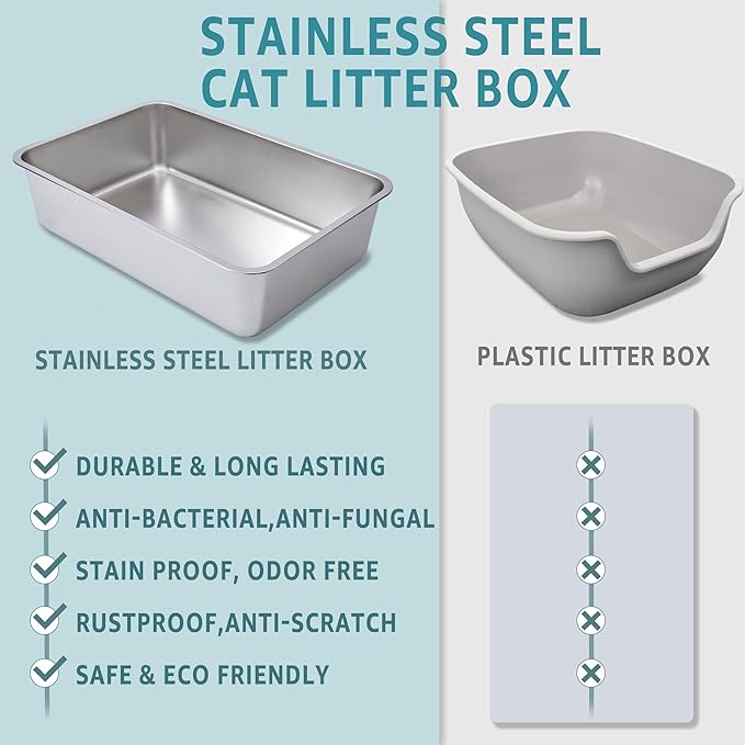 Stainless Steel Litter Box Easy Clean,-Large Metal Litter Box for Cats, High Sided Metal Litters Boxes, No Smell, Non Stick, Odor Proof, Indoor Outdoor