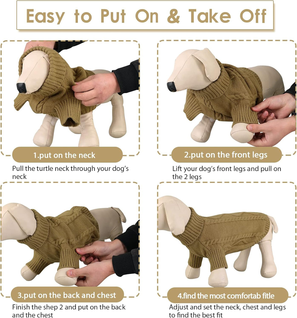 Queenmore Small Dog Pullover Sweater, Cold Weather Cable Knitwear, Classic Turtleneck Thick Warm Clothes for Chihuahua, Bulldog, Dachshund, Pug (Light Brown, X-Small)