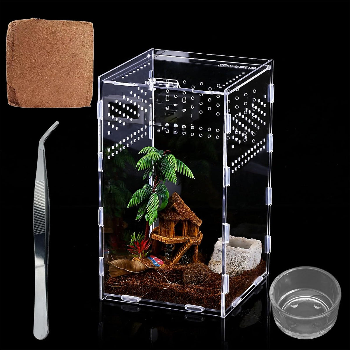 Micro Habitat Terrarium Kit (4pc Set) - Acrylic Reptile & Spider Enclosure (4.7 * 4.7 * 8 Inches)