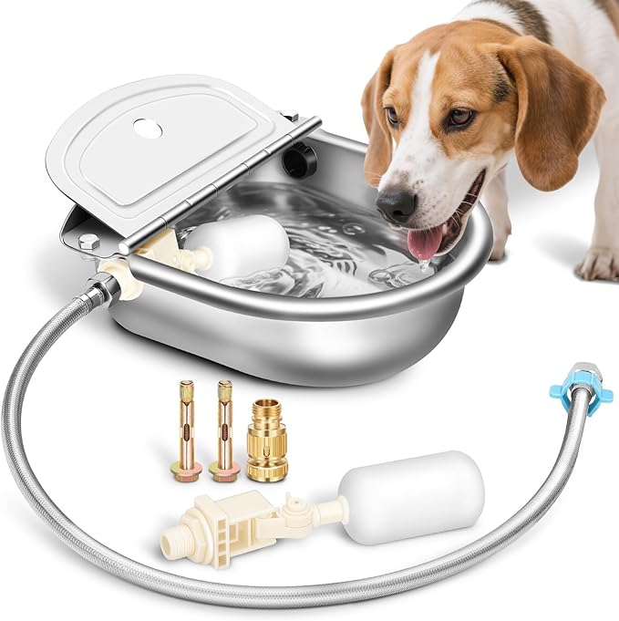Automatic Animal Drinking Water Bowl with Float Valve, 304 Stainless Steel Kit Includes Bowl, Pipe, 2 Valves, Quick Connector Adapter and Countersunk Bolts. (Auto-Filling)