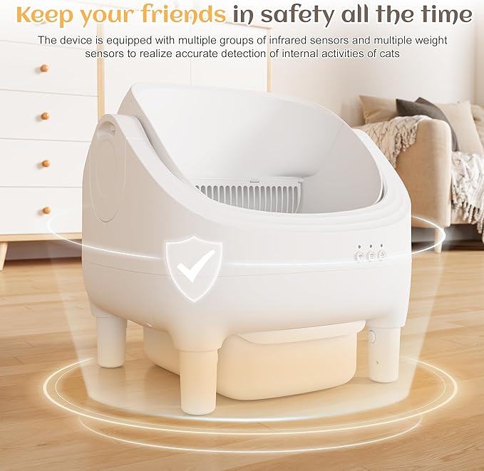 Greesum Automatic Self-Cleaning Litter Box for Cats - Open-Top Design, Easy Odor Control, Smart APP Control, 15L Large Waste Bin, Includes Trash Bags & Mat (White)