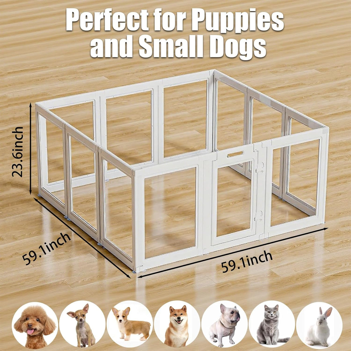 Clear Acrylic Dog Playpen Transparent Dog Playpens Indoor, Small Pet Play Pen for Small Dogs, Puppies, Cats & Rabbits, Assemble & Disassemble, with Door & Suction Cups (23.6" H, 12PCS),White