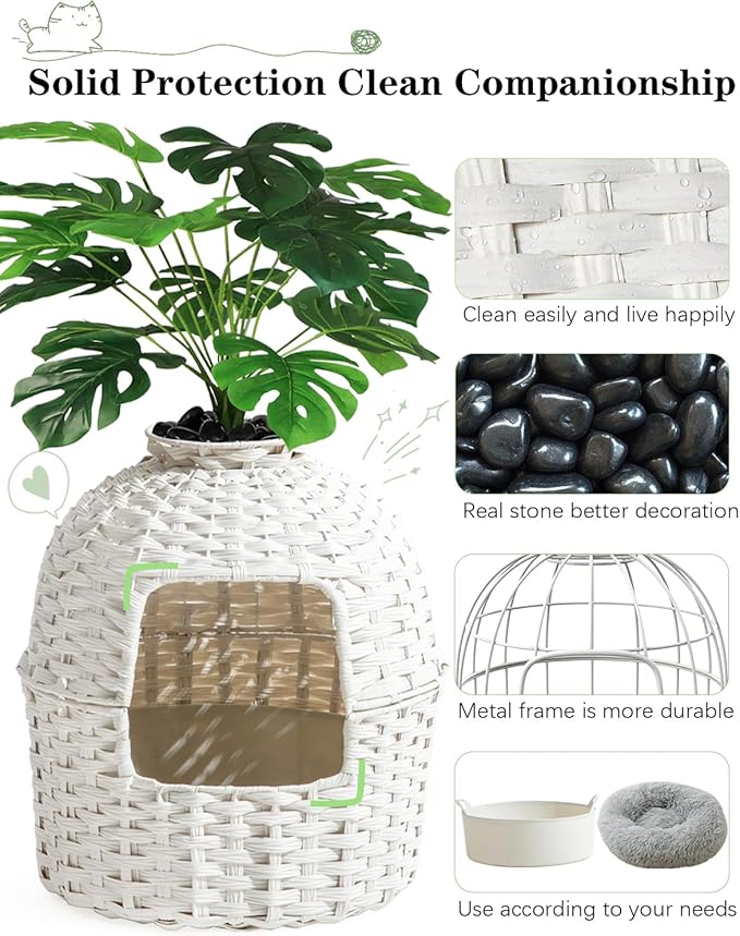 Cat Litter Box Plant Enclosure, Hidden Handwoven Rattan with Cat Litter Box Furniture and Artificial Plants, Odor Control Filter, Real Stones in Living Room, Bedroom, Corner (White)