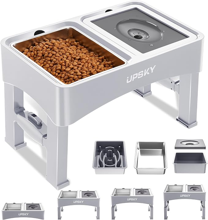 UPSKY 3-in-1 Elevated Dog Bowls: Slow Feeder, Adjustable Stand, No Spill Dispenser - Stainless Steel Food & Water Bowl for Small to Medium Dogs, White