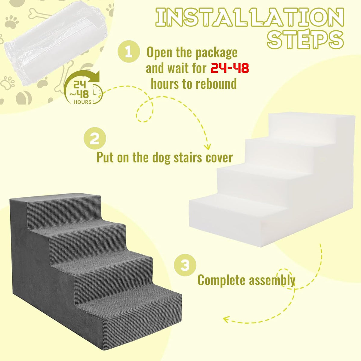 Niubya Dog Stairs for Small Dogs and Cats,18'H Non-Slip Bottom Pet Steps for High Beds and Couch,High-Density Foam Pet Stairs Grey,4 Steps