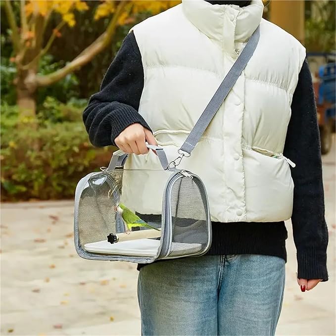 Portable Bird Travel Carrier for Small Birds and Parrots - Wooden Cage with Side Perch, Soft Mat, and Mesh Window Accessory