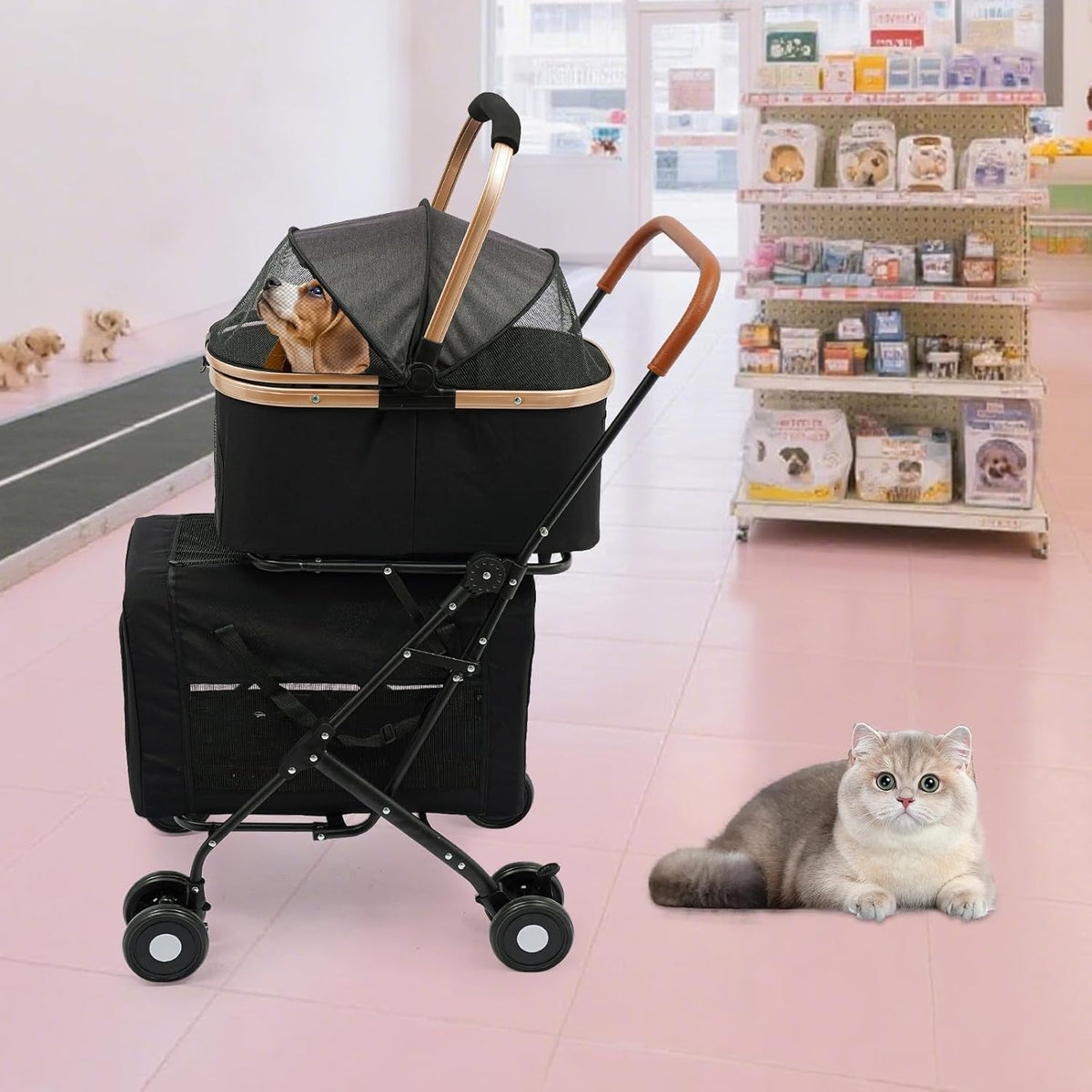 Foldable Pet Stroller for Small & Medium Dogs, Double Dog & Cat Stroller with 3-in-1 Travel System, Detachable Pet Carrier with Wheels for Cats and Dogs up to 77 lbs, Black