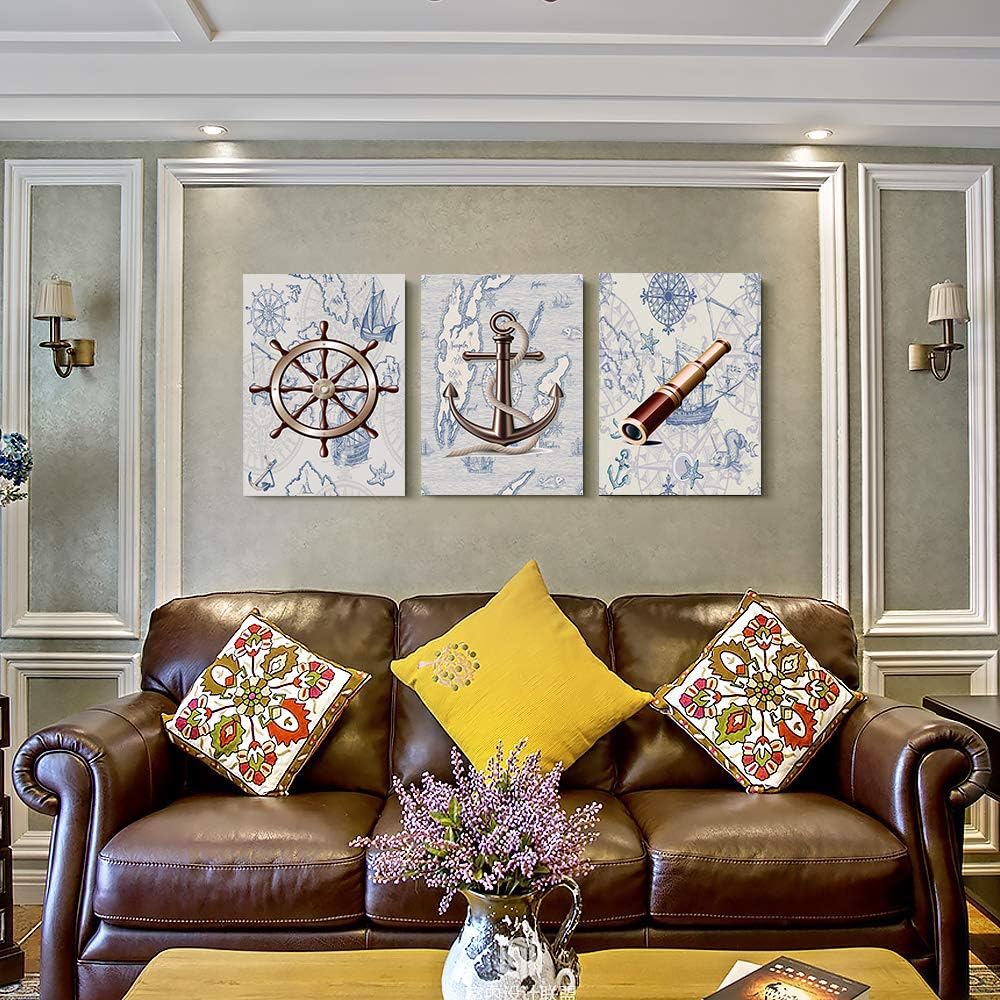 ocean theme steering wheel telescope ship pendant Canvas Prints bathroom Wall Art for Bedroom Wall decor Artworks Pictures wall decorations for living room,3 piece Home decor kitchen wall paintings