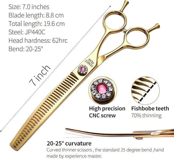 Fenice Peak Professional Dog Grooming Scissors Pet Curved Chunker Shears 7.0'' Extremely Sharp Blades 440C Steel Thinning Scissors Durable Smooth Motion & Fine Cut for Dogs and Cats(Gold)