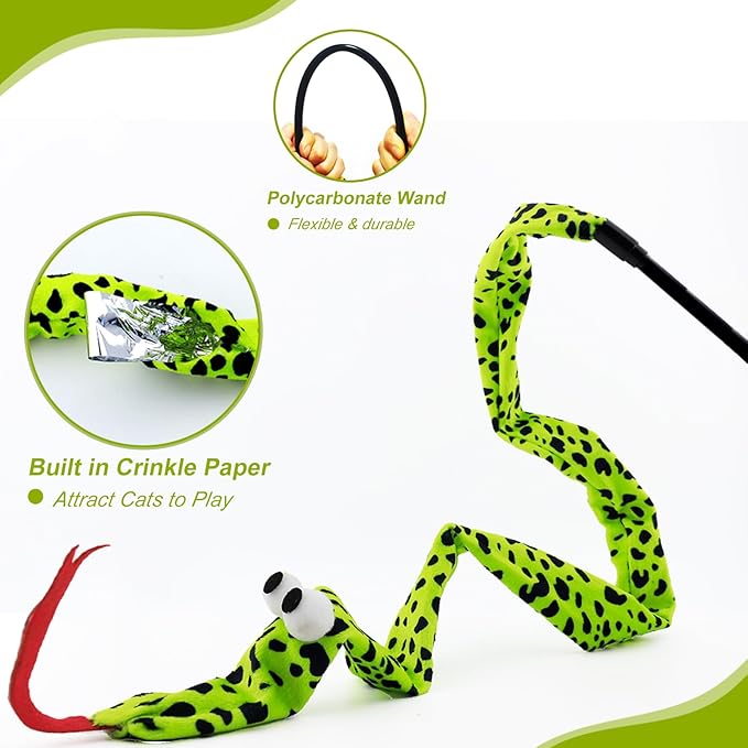 Interactive Cat Toy Wand with Catnip Mouse, Cat Teaser Wand Rainbow String for Bored Indoor Adult Cats and Kittens (3 Pack Snake)