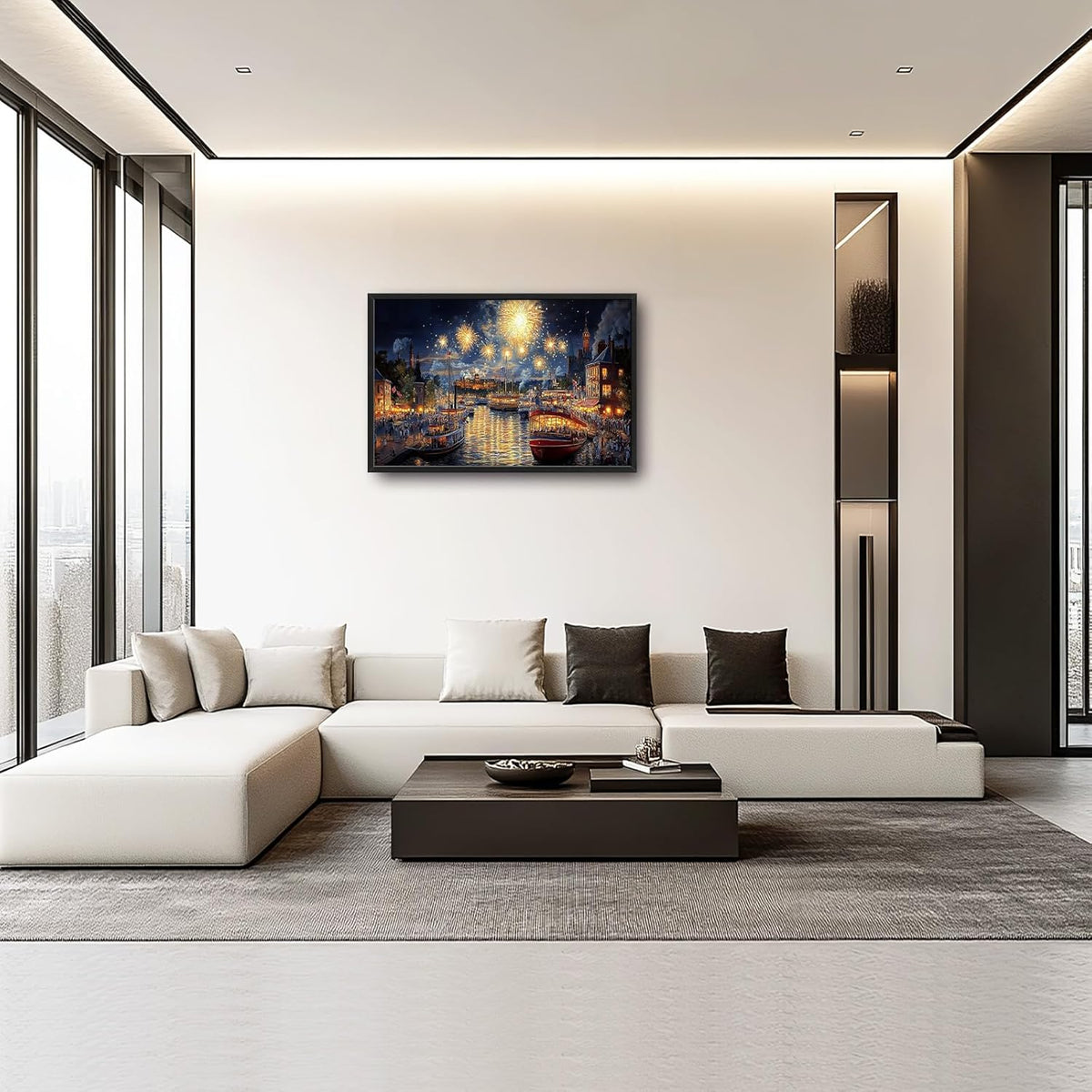Framed Large Firework Night Sky Wall Art, Oversized European City Landscape Wall Decor for Living Room, River Boats Canvas Pictures Home Decoration for Living Room Bedroom Office 36"x24"