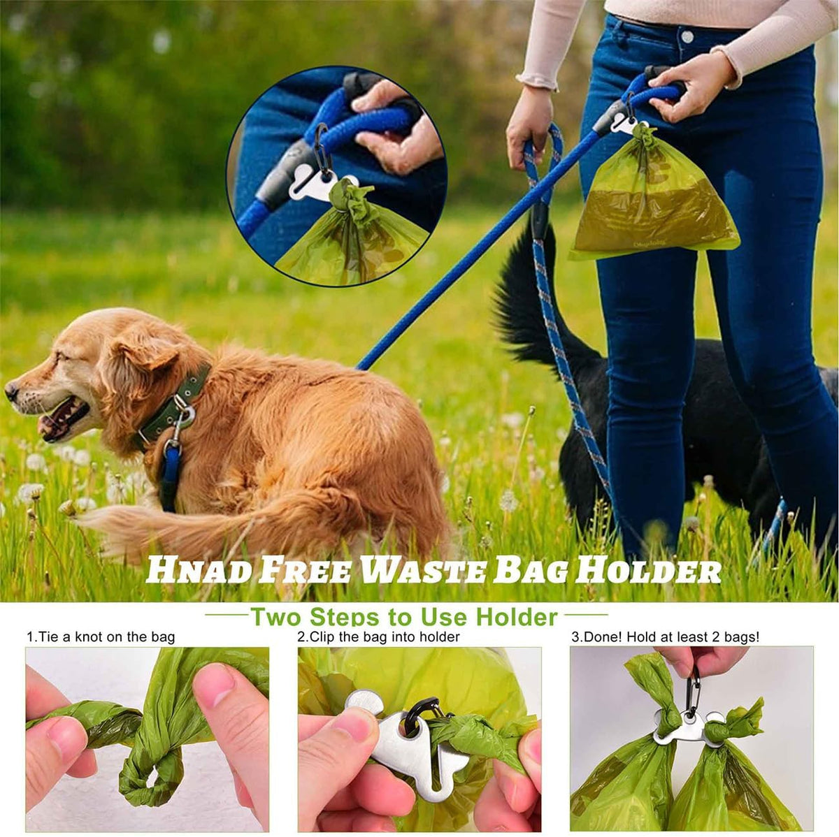Dog Poop Bag Holder for Leash Attachment - Waste Bag Dispenser for Leash - Fits Any Dog Leash - Portable Set with Hand Free Holder Metal Carrier, Round Shape, Orange