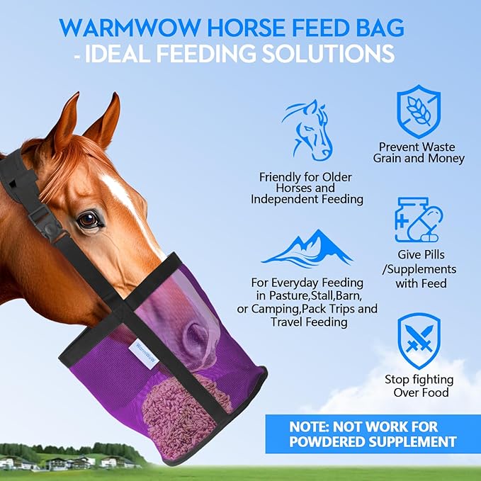 Horse Feed Bag Pack of 2, Feed Bags for Horses with Ventilation Mesh, Comfort Nose Pad Neck Pad, Adjustable Strap, Spill Proof Design for Independent Feeding Grain, Supplements (Purple)