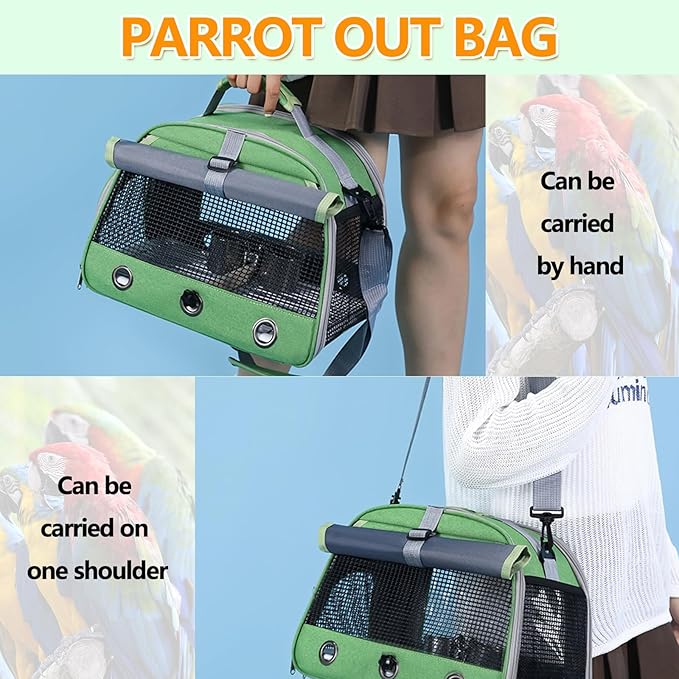 Bird Backpack,with Feeder Cups Tray Perch Portable Breathable Bird Carrier,for Small Birds Parrots Cockatiels (Green)
