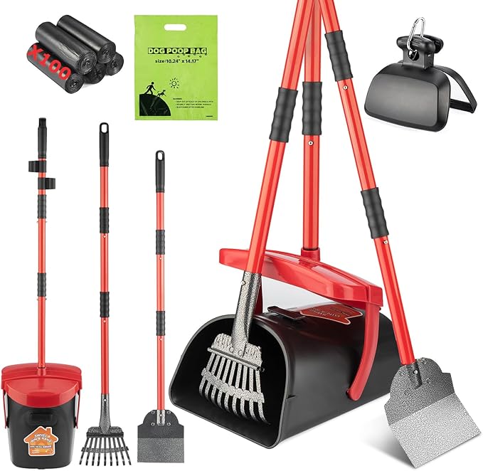 Pooper Scooper with Swivel Bin-Heavy-Duty Metal Rake & Spade, Portable Poop Scooper,Includes 100 Waste Bags, Easy to Clean, Perfect for Grass Dirt or Gravel,Ideal for Small Medium Large Dogs