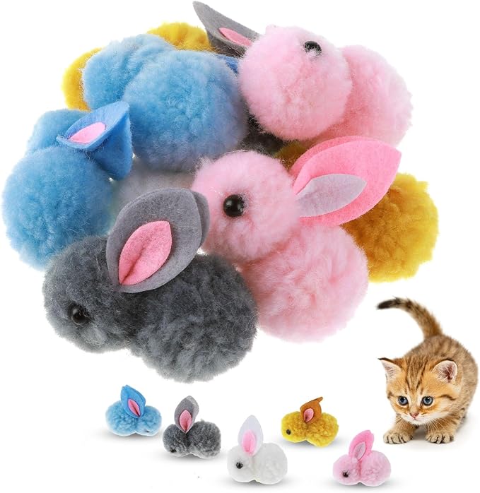 10Pcs Plush Toy Balls, Cute Bunny Shape Kitten Pompom Soft 5.5cm/2.16in Puff Ball Indoor Fun Colorful Cat Ball Toy Pom Pom Balls for Pet