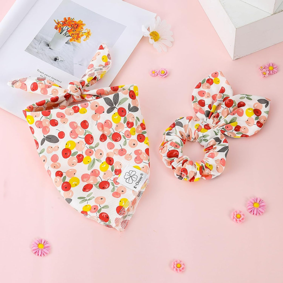 E-Clover Pink Floral Dog Bandanas & Matching Scrunchie Set Cute Dog Scarf Bibs Pet Bandana with Bow Tie for Medium Large Dogs Owner Mom Spring Summer