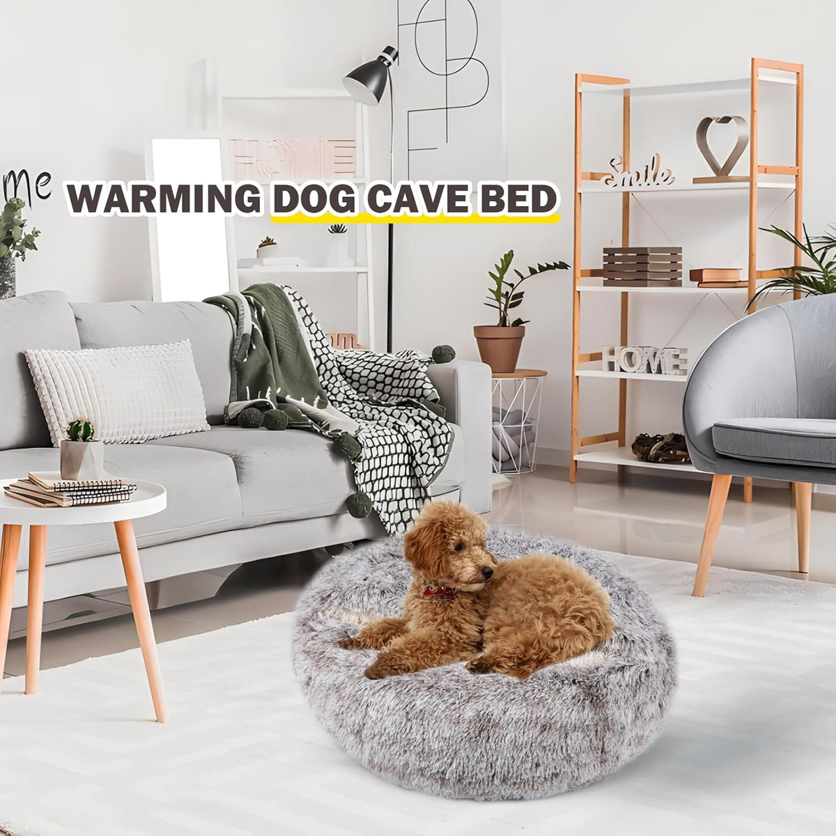 Cat Bed for Indoor Cats, Calming Cozy Cave with Self-Warming Plush, Entire Bed Machine Washable & Anti-Slip Base, Breathable Pet Bed for Small Cats&Dogs All Seasons (Khaki, 24 * 24inch)