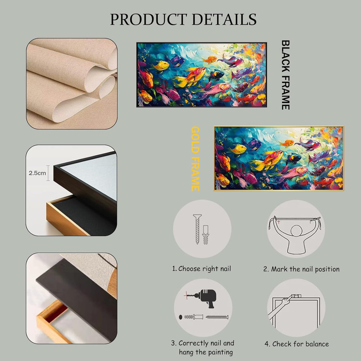 School of Fish Printed Canvas Wall Art – Framed Abstract Ocean Print – Vibrant Fish Wall Decor for Living Room, Bedroom, Office (Black Framed, 24"x12"|60x30cm)