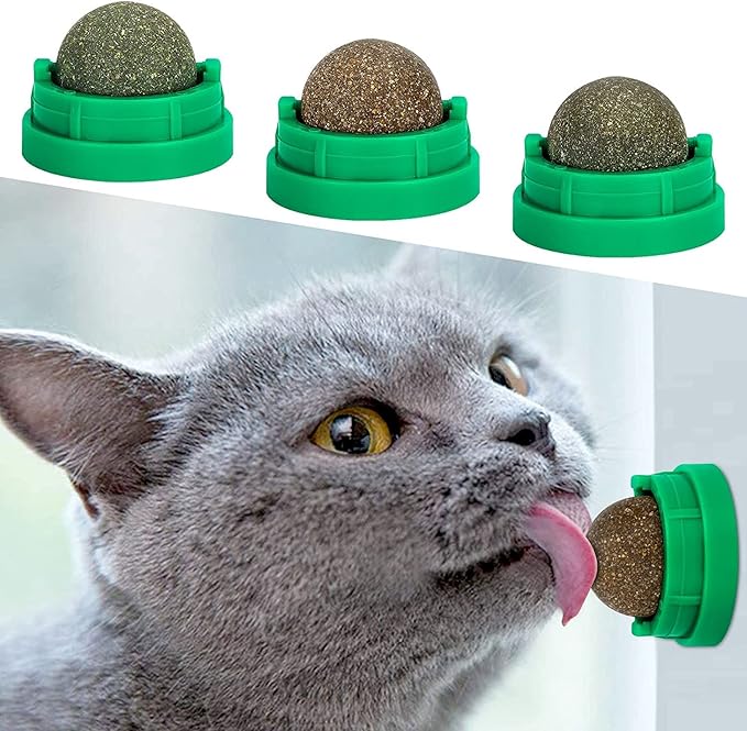 3 Pack Catnip Balls, Catnip Ball for Cats Wall, Edible Kitty Toys for Cats Lick, Safe Healthy Kitten Chew Toys, Teeth Cleaning Dental Cat Toys, Cat Wall Treats (Green)