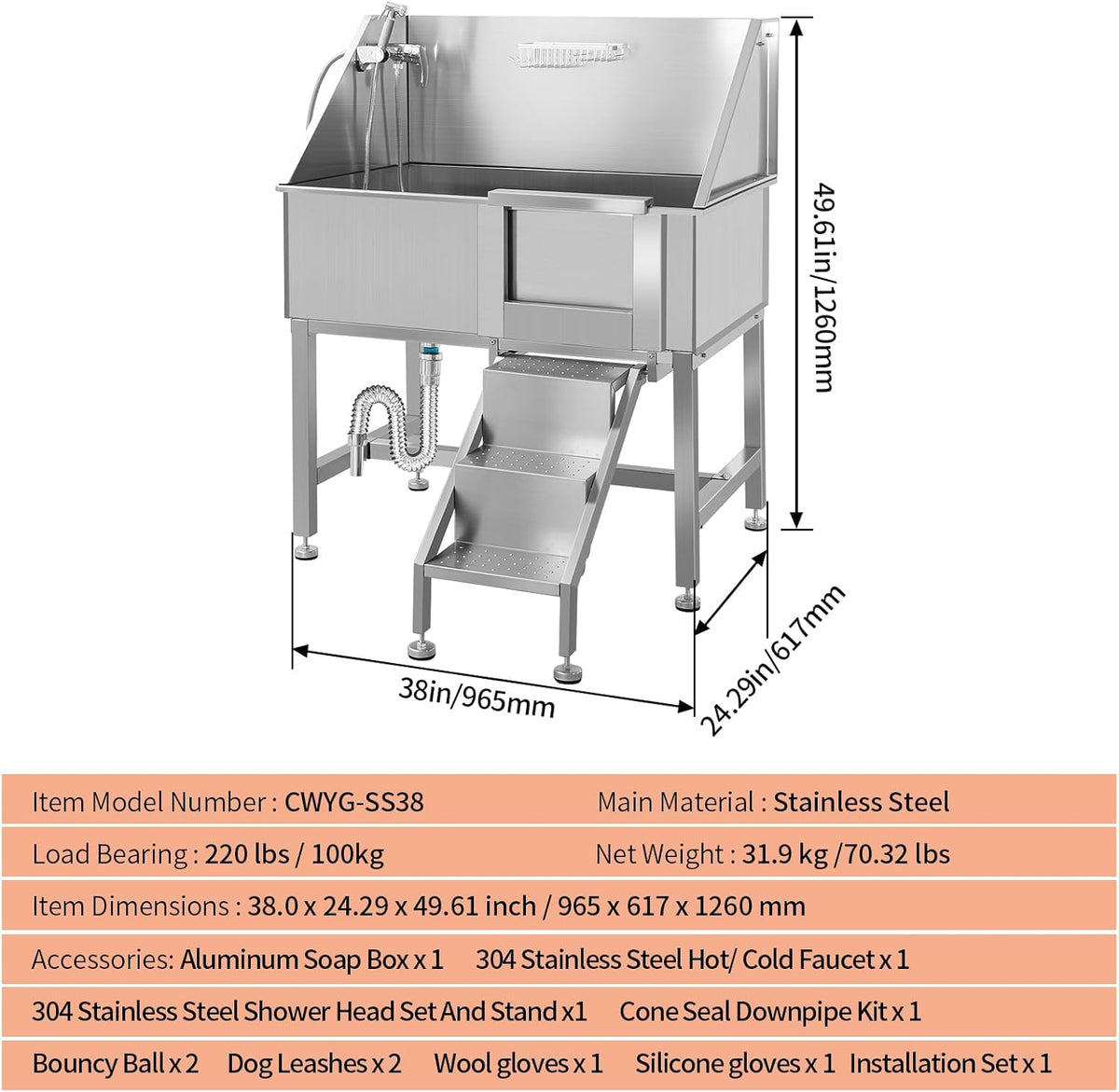 Dog Washing Station 38'' Stainless Steel Pet Grooming Tub for Large Dogs Over-Size Professional Dog Grooming Bathtub Station Wash Shower Sink Pet Grooming Bathtub Station,Right Door