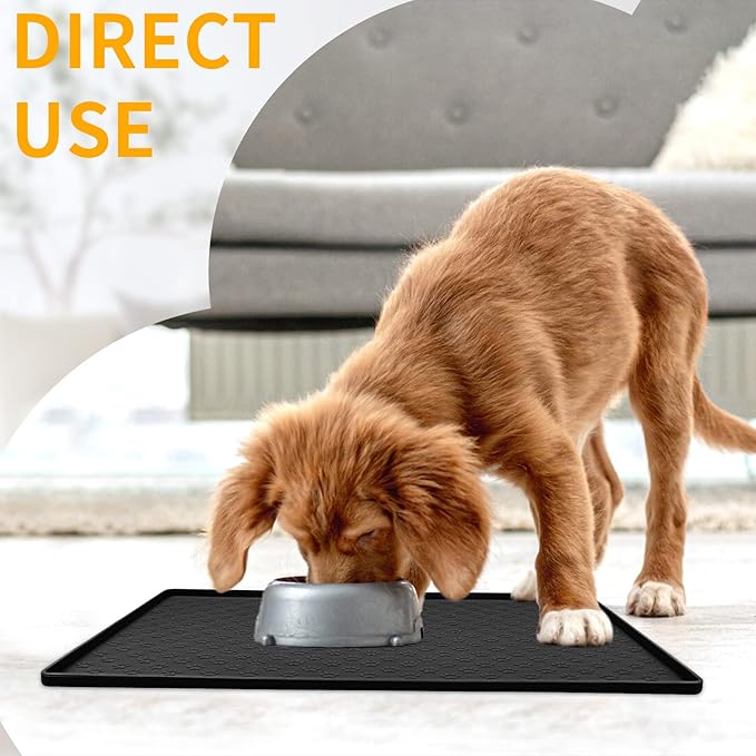 Ptlom Pet Placemat for Dog and Cat, Mat for Prevent Food and Water Overflow, Suitable for Small, Medium and Big Pet, 18" 12", Black, Silicone
