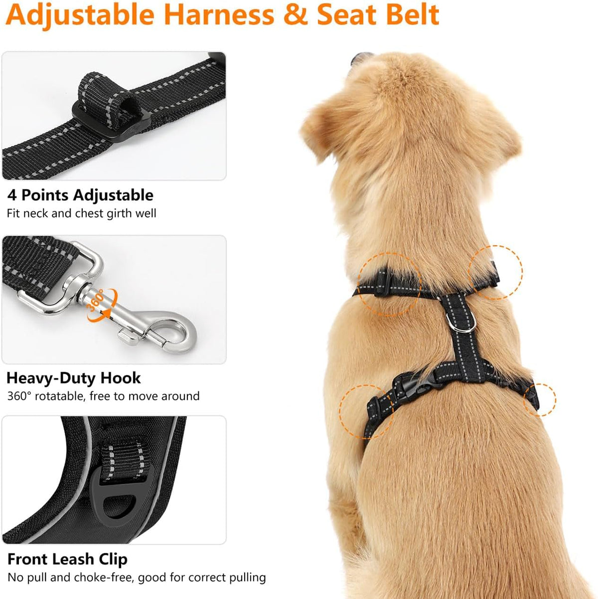 Dog Seat Belt Harness for Car, Dog Car Harness Adjustable Mesh Breathable & Dogs Seatbelt Safety Tether with Elastic Bungee for Small Medium Large Pets(Carbon Black, M)