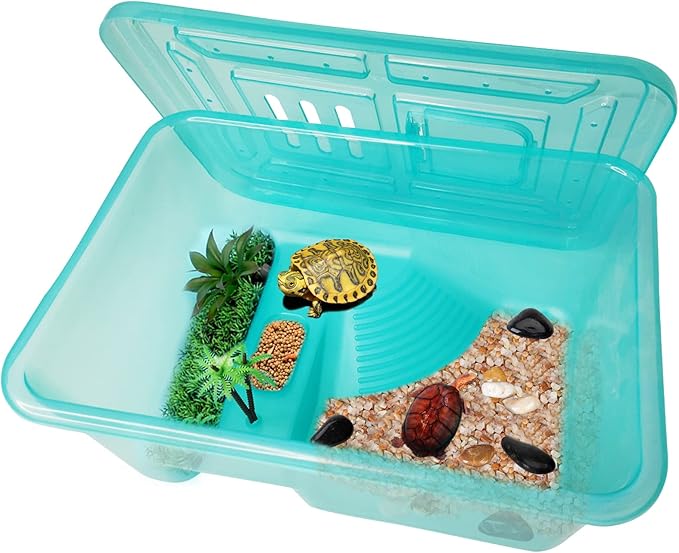 Fhiny Turtle Tank with Lid, Plastic Reptile Terrarium Turtle Breeding Box with Basking Platform Tortoise Aquarium for Crayfish Hermit Crabs Geckos Lizards Habitat Prevent Escaping (Medium)