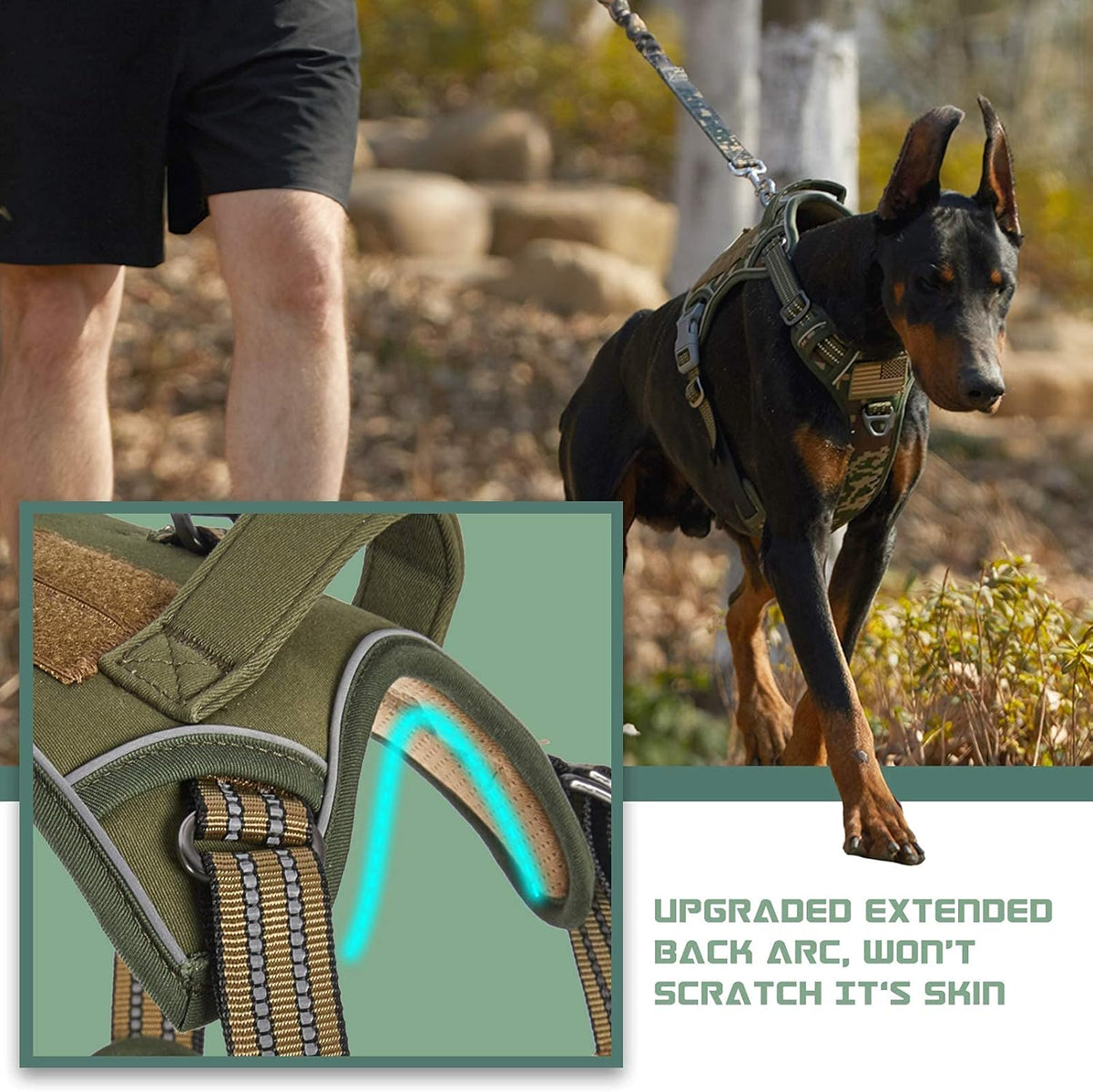 BUMBIN Tactical Dog Harness for Large Dogs, No Pull, Reflective, Green, L(Neck:19-25", Chest:21-35")