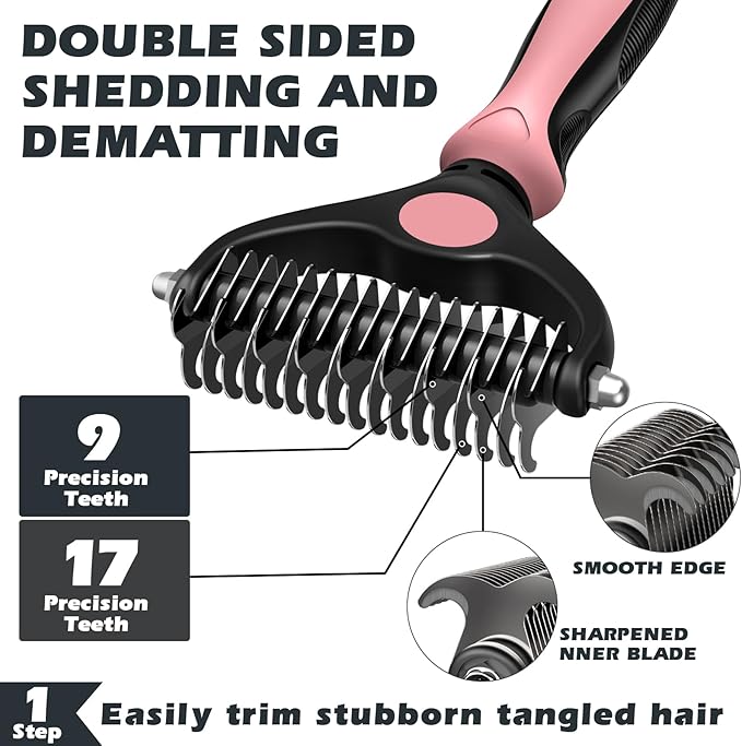 3PCS Self Cleaning Slicker Brush & Pet Grooming Rake & Bath Brush for Dogs,Cats and Horses | Double-Sided Dematting Comb & Skin Friendly Deshedding Grooming Tool | Pet Supplies (Light Pink Black)