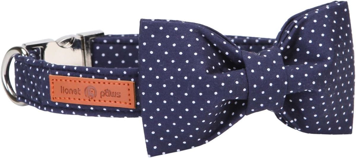 Lionet Paws Boy Dog Collar with Bowtie, Comfortable Adjustable Cute Navy Blue Bow Tie Collar for Male Dogs Gift, XLarge, Neck 16-26 inches