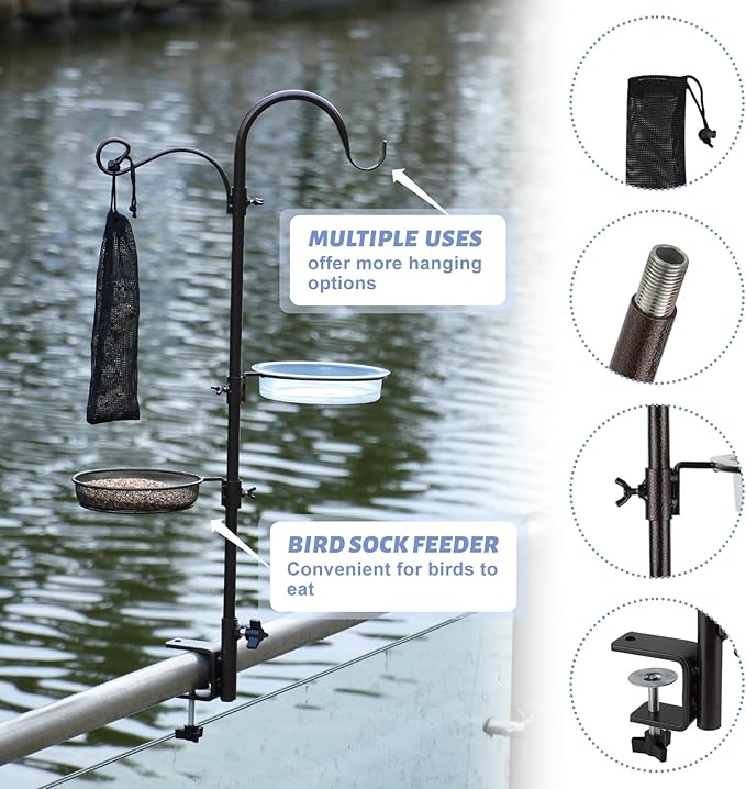 Deck Bird Feeding Station | Premium Multi Feeder Hanging Kit with Bird Bath & Sock Feeder | Attracts Wild Birds, Planter Hanger Hook for Outdoor Deck, Patio, Garden