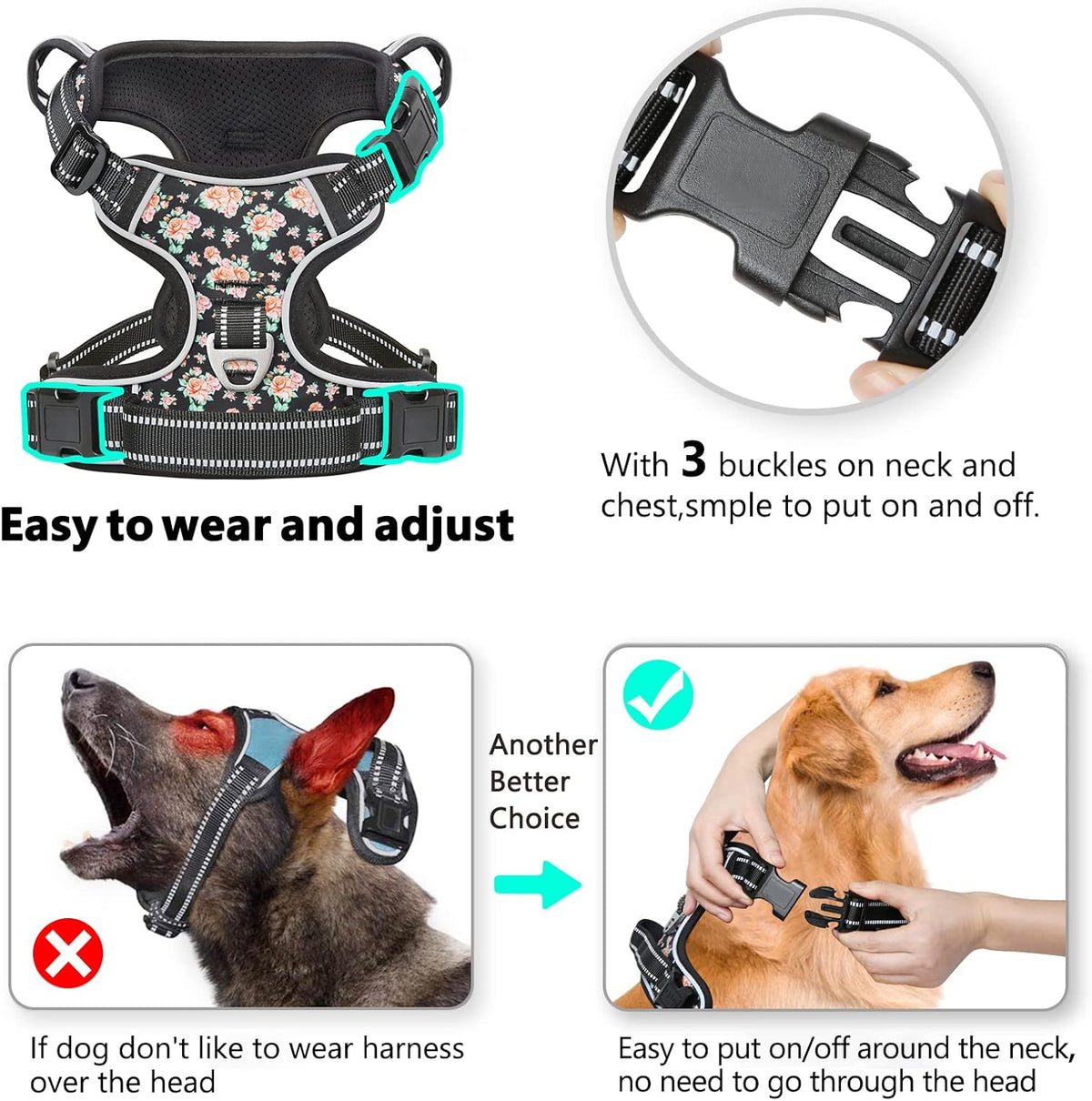 Timos Dog Harness, No-Pull Pet Harness with 2 Leash Clips, Adjustable Soft Padded Dog Vest, Reflective Outdoor Pet Oxford Vest with Easy Control Handle