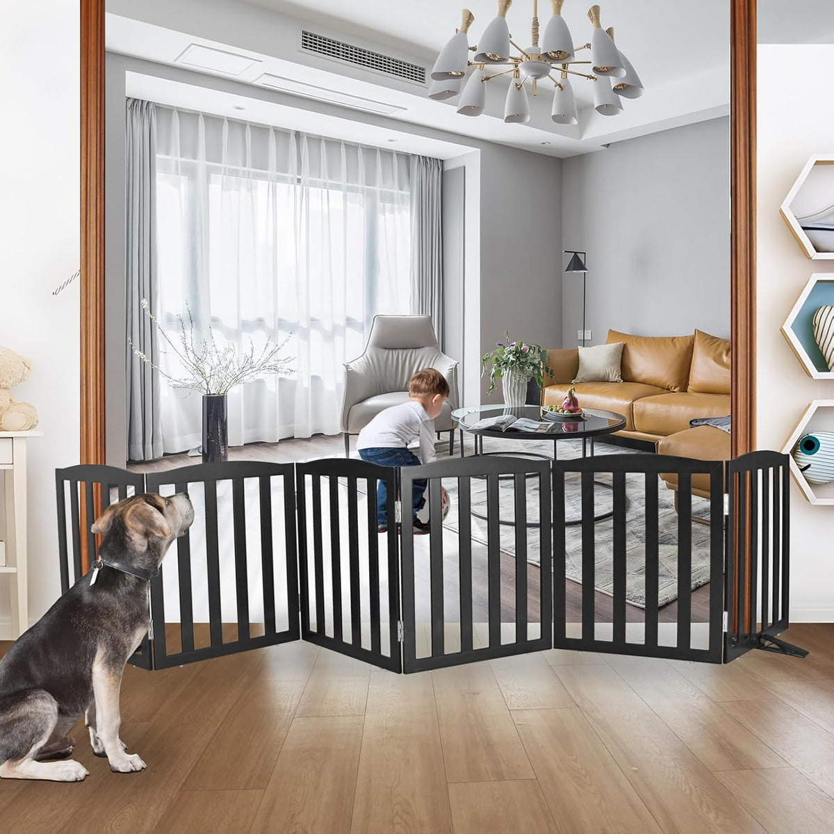 ZJSF Foldable Freestanding Indoor Dog Gate for House Wood White Long Pet Gates Dog Fence for Stairs Puppy Gates for Hallways, Puppy Gate,Support Feet Included, Black, 24 "Height-6 Panels