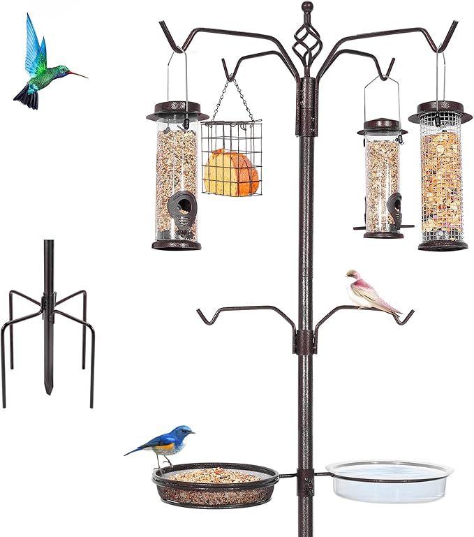 Bird Feeding Station Kit, 94 Inch Bird Feeder Pole Stand for Outdoors Hanging with 4 Feeders, Metal Suet and Bath Tray for Wild Birds Watching