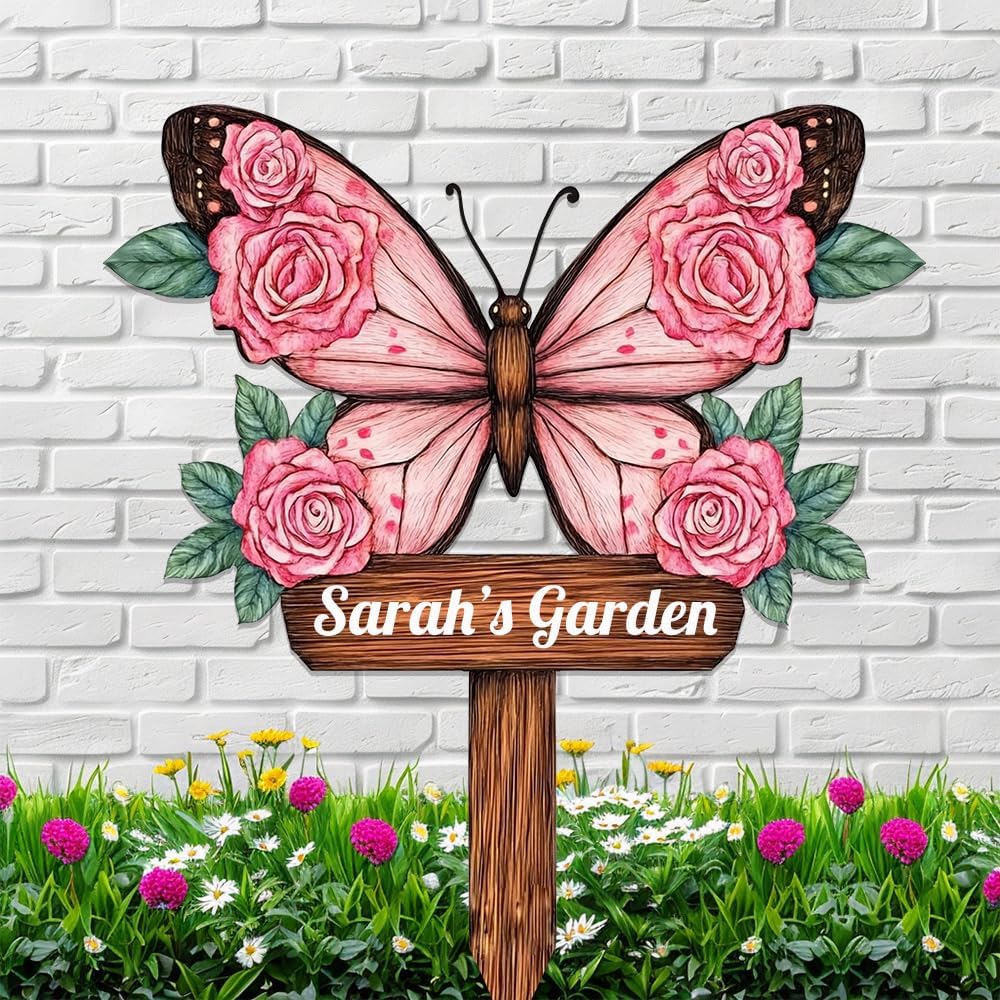 Personalized Butterfly Metal Sign with Stake,Custom Gardener Last Name Signs Outdoor Decorate,Customized Garden Accessories Decor for Mother's Day,Rose Flowers Plaques for Patio Lawn Porch Backyard