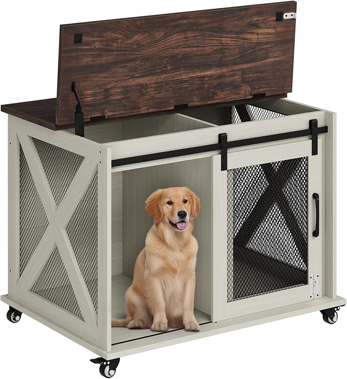 Dog Crate Furniture,37 Inch Indoor Dog Cage with Sliding Barn Door, Flip Top Dog Kennel End Table with Removable Divider, Farmhouse Wooden Pet House for Small to Middle Size Dogs