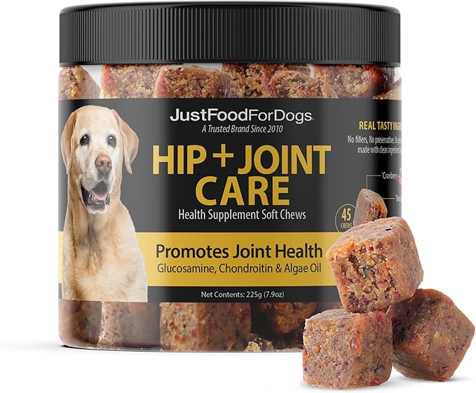 JustFoodForDogs Hip + Joint Soft Chews Mobility Supplement for Dogs with Glucosamine and Chondroitin, Superfood Blend, Human Grade, Plant-Based - 45 Count